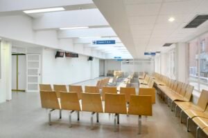 Hospital indoor waiting area. Health center modern interior. Nobody